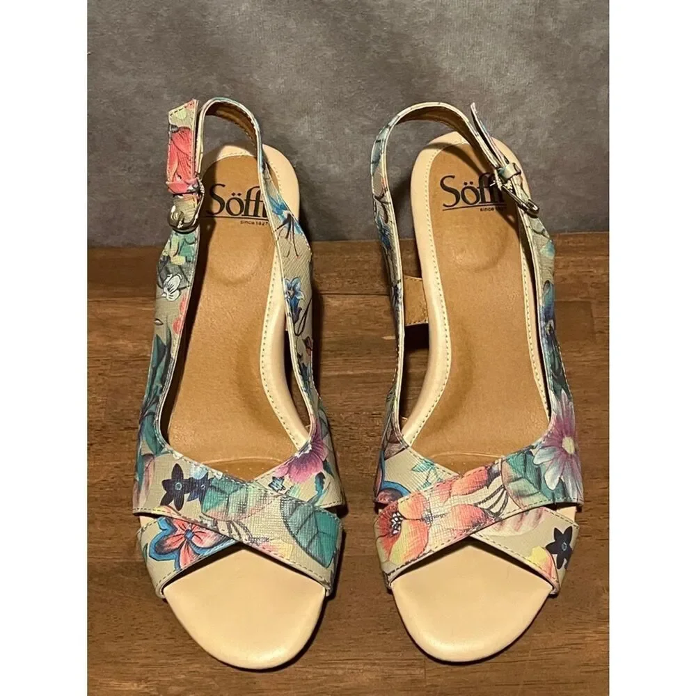 Sofft Floral Multicolor Slingback Leather Wedge Sandals size 8